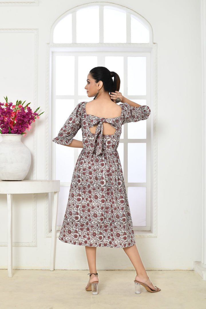 ZERESOUQ-Brown-&-White-Pure-Cotton-Handblock-Print-Midi-Dress