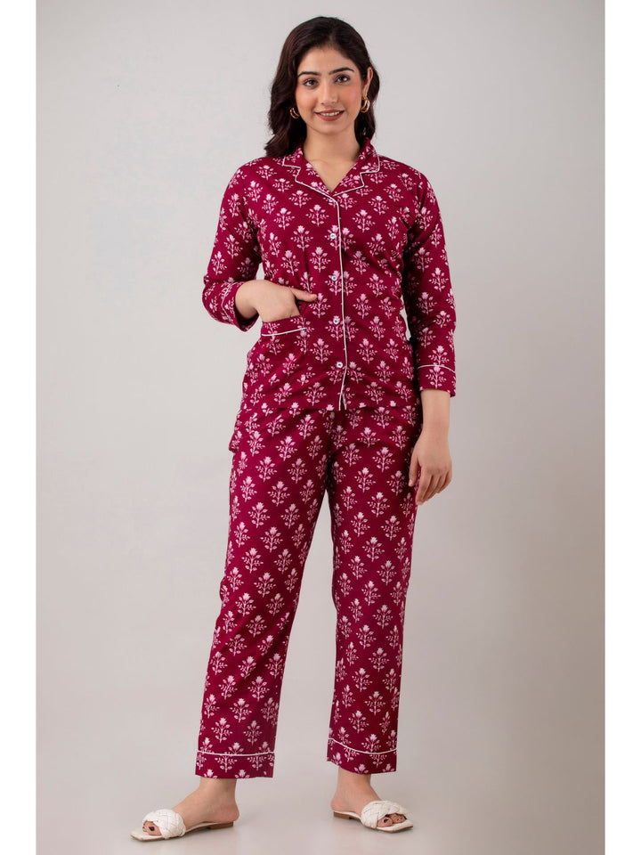 Burgundy Cotton Night Suit with Front Pocket