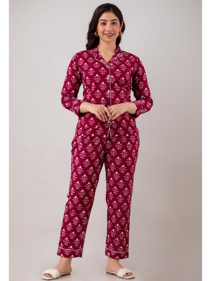 Burgundy Cotton Night Suit with Front Pocket
