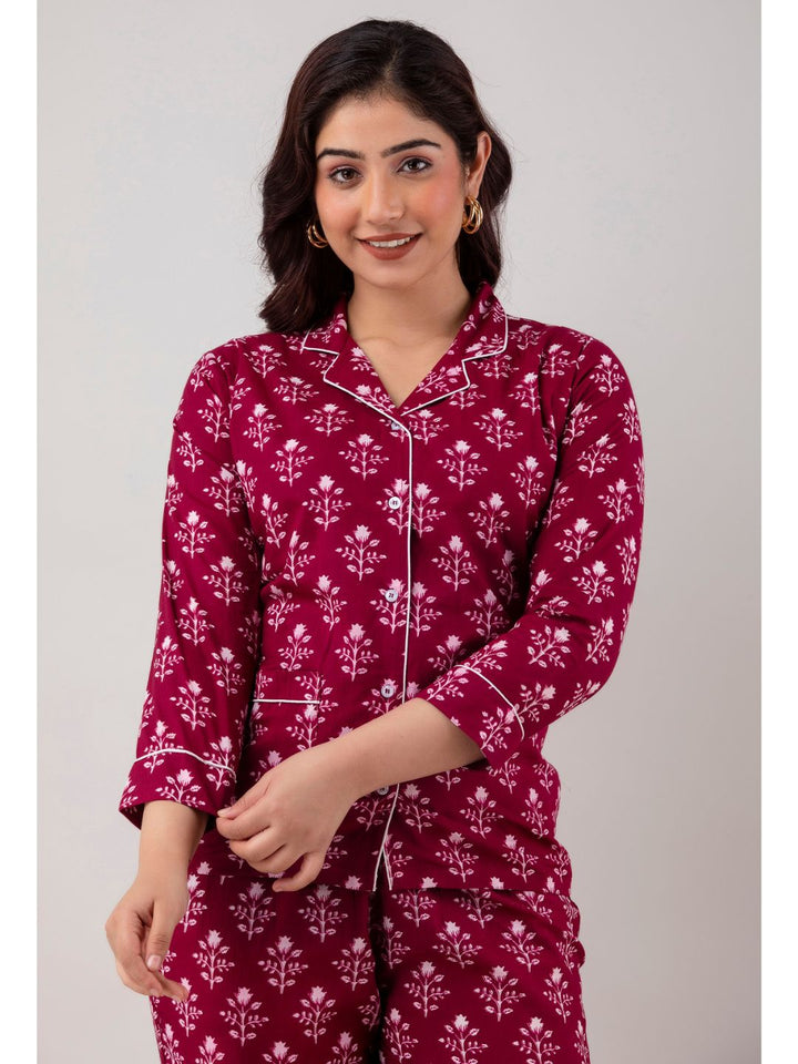 Burgundy Cotton Night Suit with Front Pocket