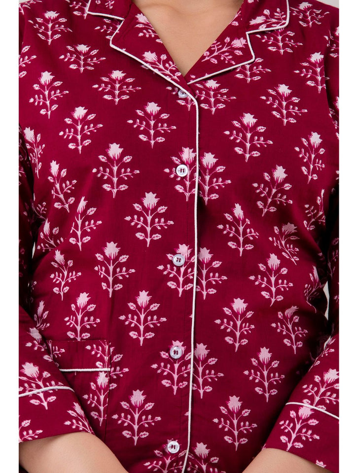 Burgundy Cotton Night Suit with Front Pocket