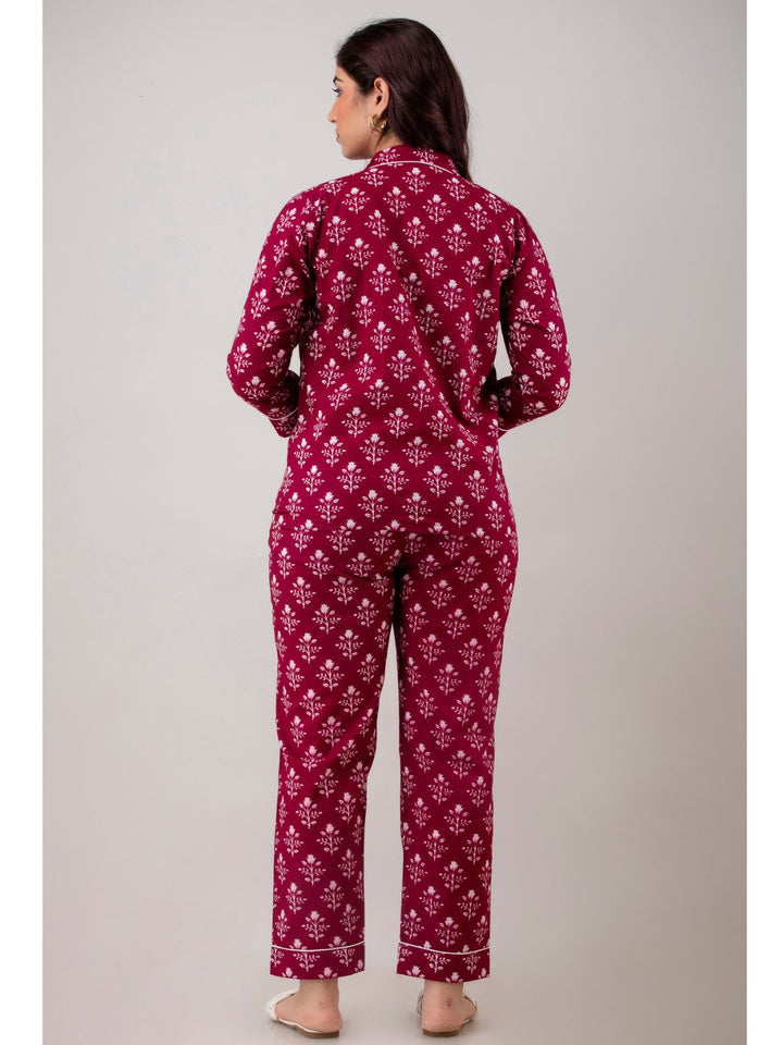 Burgundy Cotton Night Suit with Front Pocket