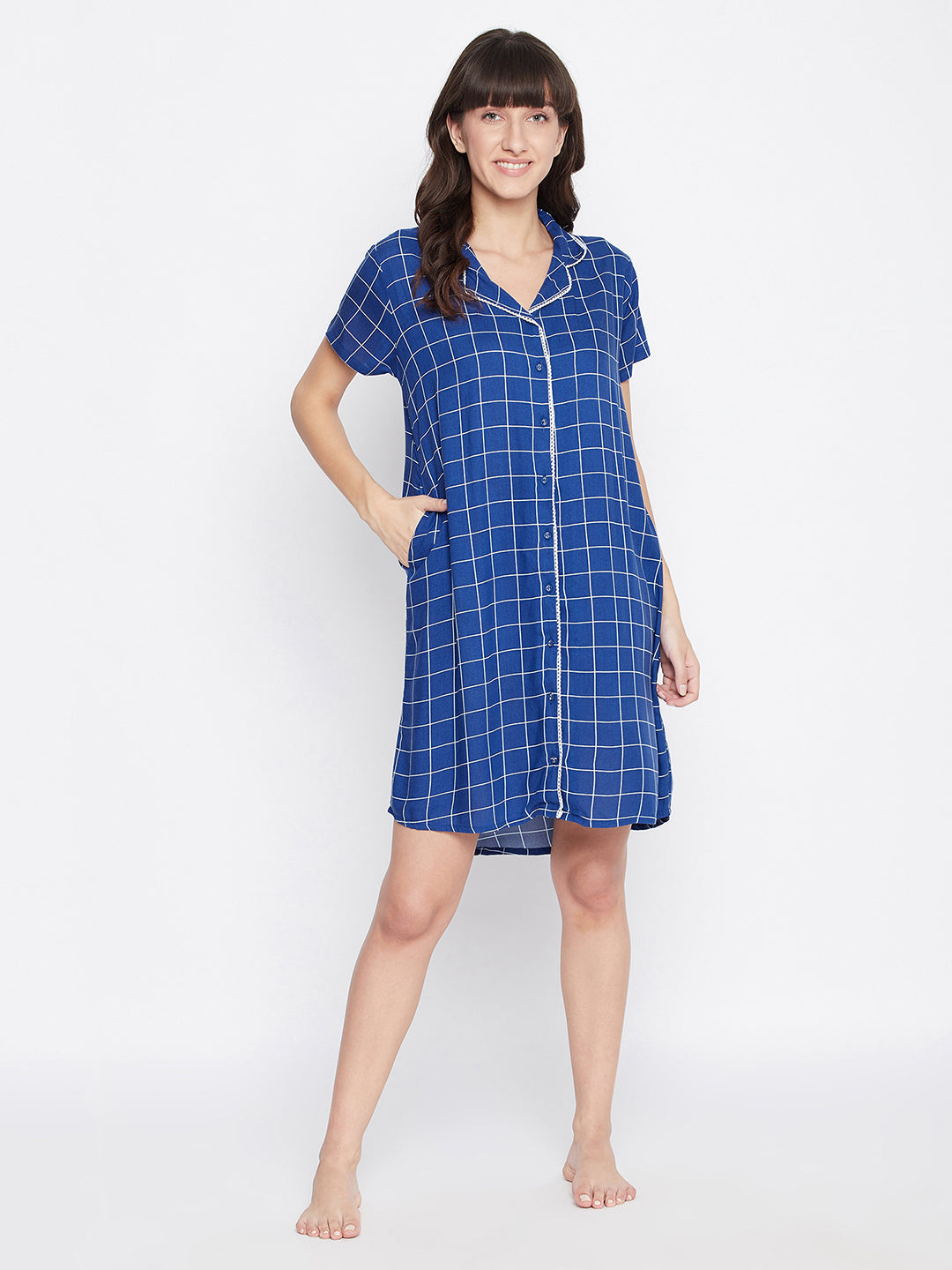 Button Me Up Checked Short Nightdress In Blue