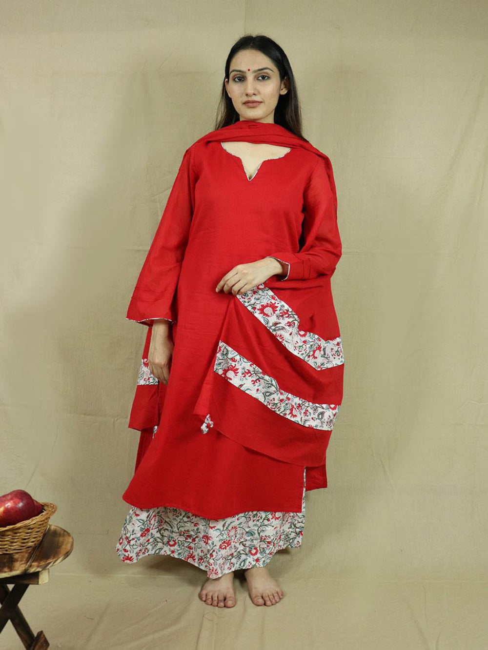 Red-Loose-Kurta-With-Palazzo-(Set-Of-3)