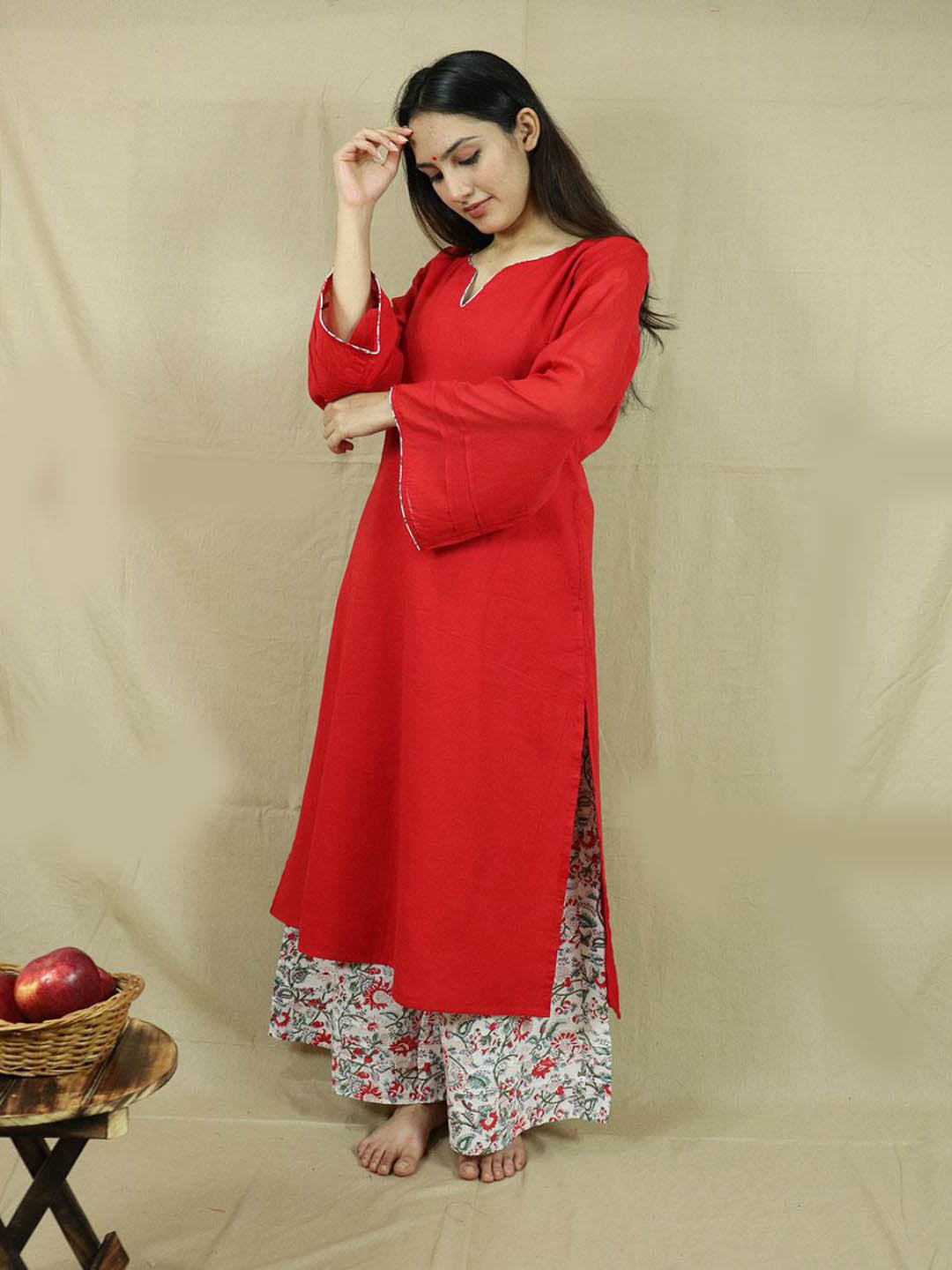 Red-Loose-Kurta-With-Palazzo-(Set-Of-3)