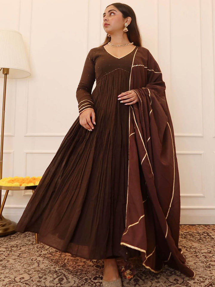 Brown-Gathered-Anarkali-Set-&-Plain-Dupatta