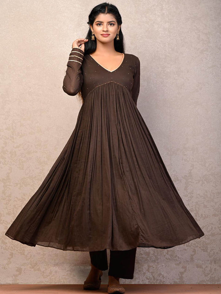 Brown-Gathered-Anarkali-Set-&-Plain-Dupatta