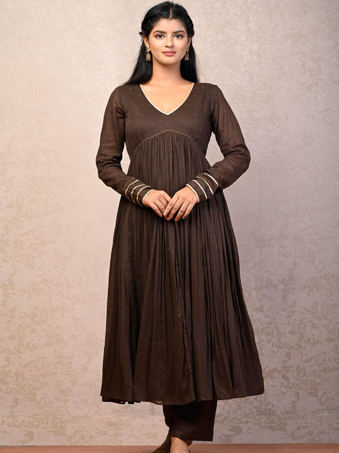 Brown-Gathered-Anarkali-Set-&-Plain-Dupatta