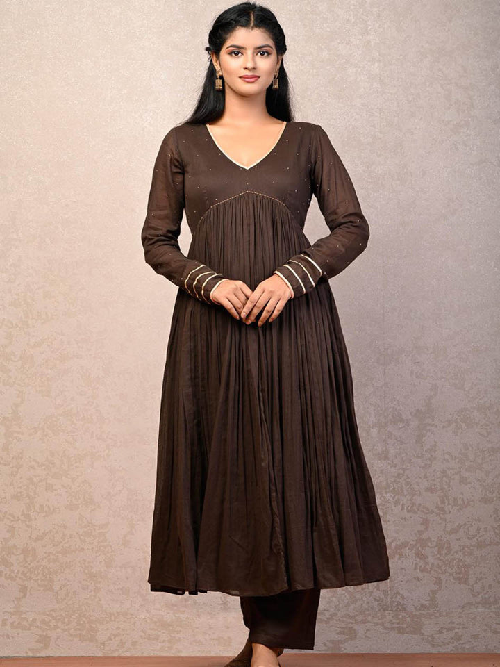 Brown-Gathered-Anarkali-Set-&-Plain-Dupatta