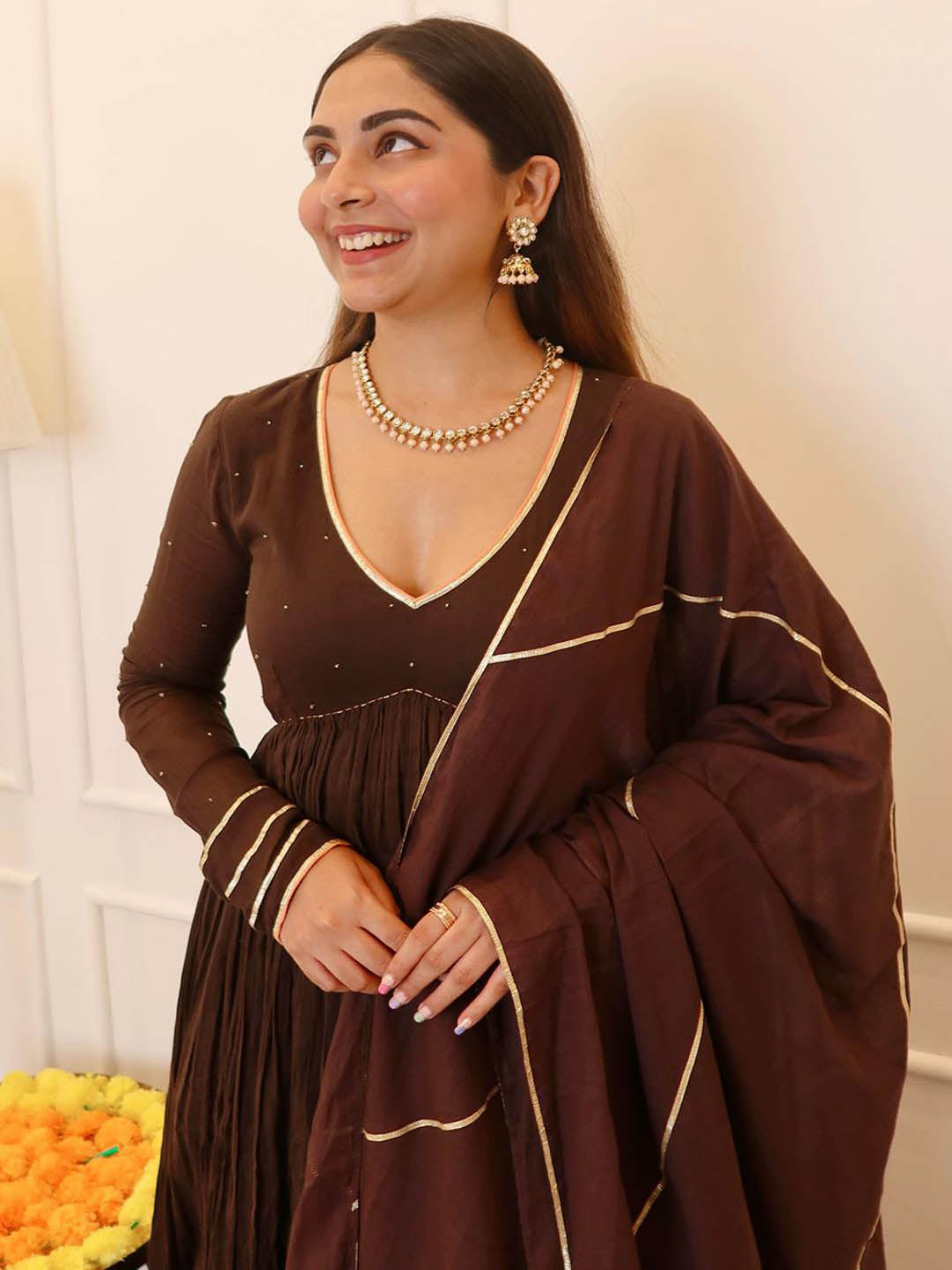 Brown-Gathered-Anarkali-Set-&-Plain-Dupatta
