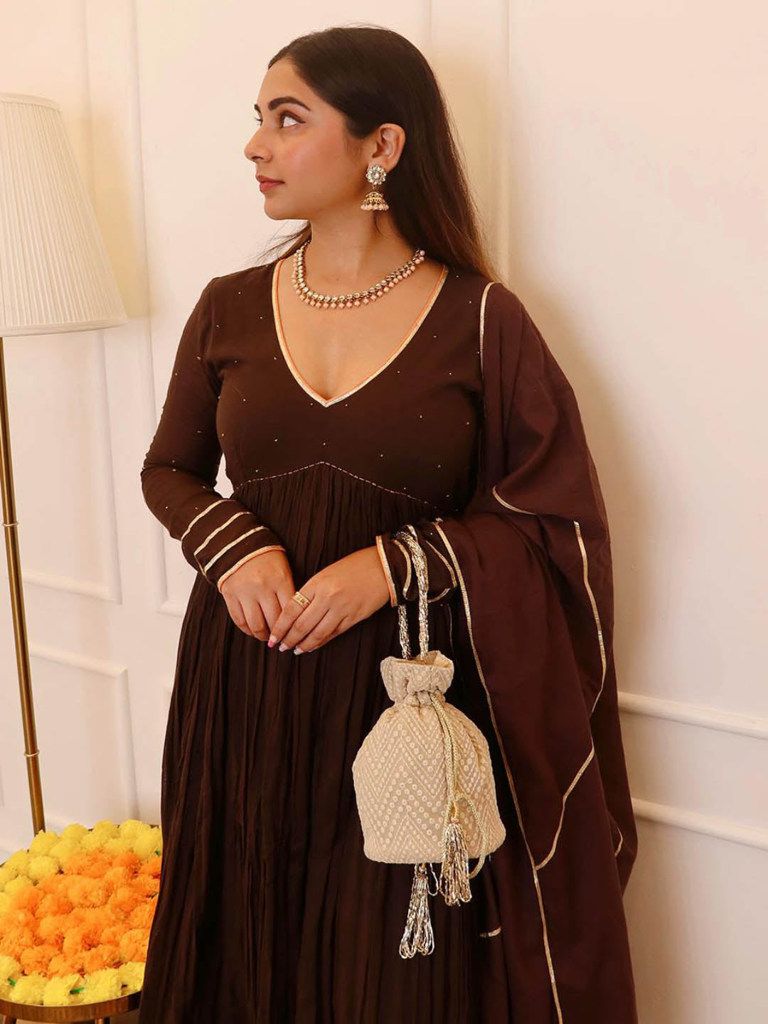 Brown-Gathered-Anarkali-Set-&-Plain-Dupatta