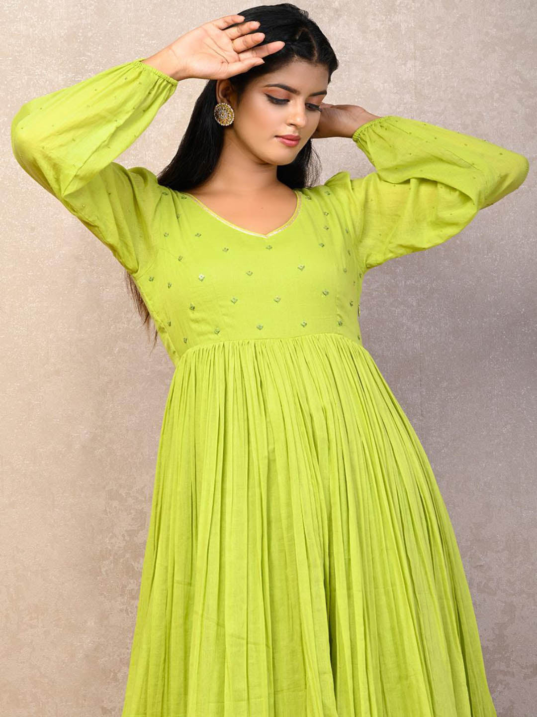 Lime-Green-Puffy-Sleeves-Anarkali-Kurta-Only