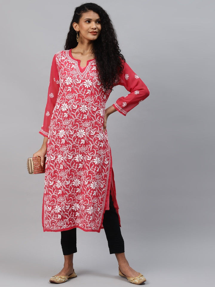 Carrot Pink Faux Georgette Chikan Straight Kurta