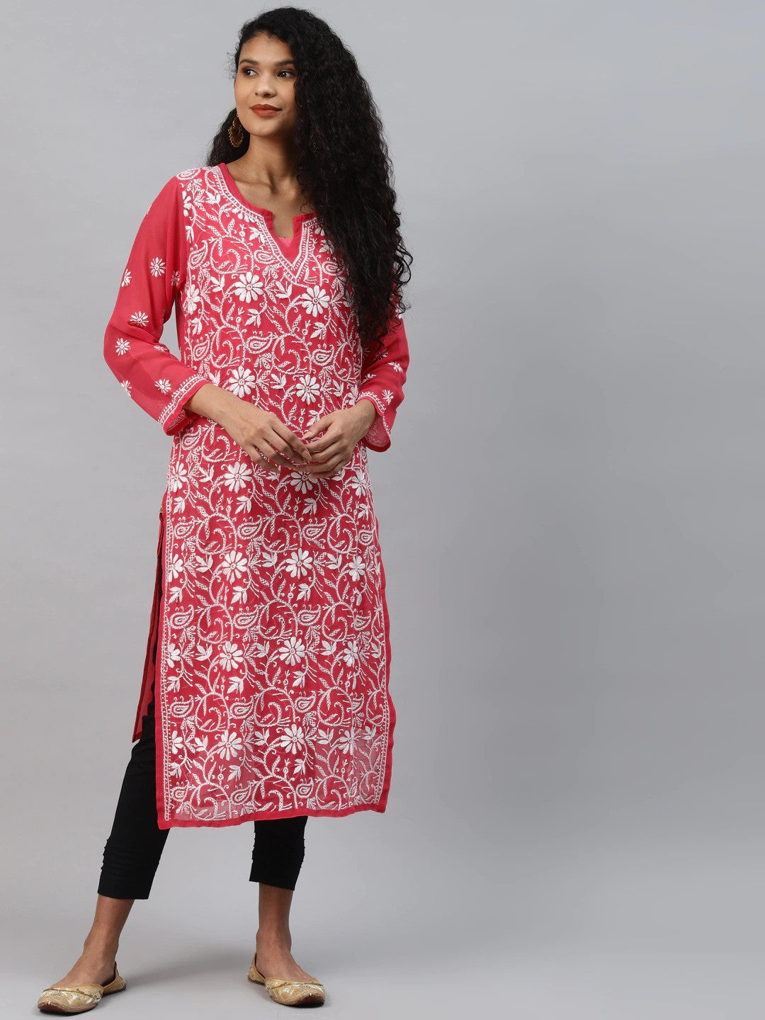 Carrot Pink Faux Georgette Chikan Straight Kurta
