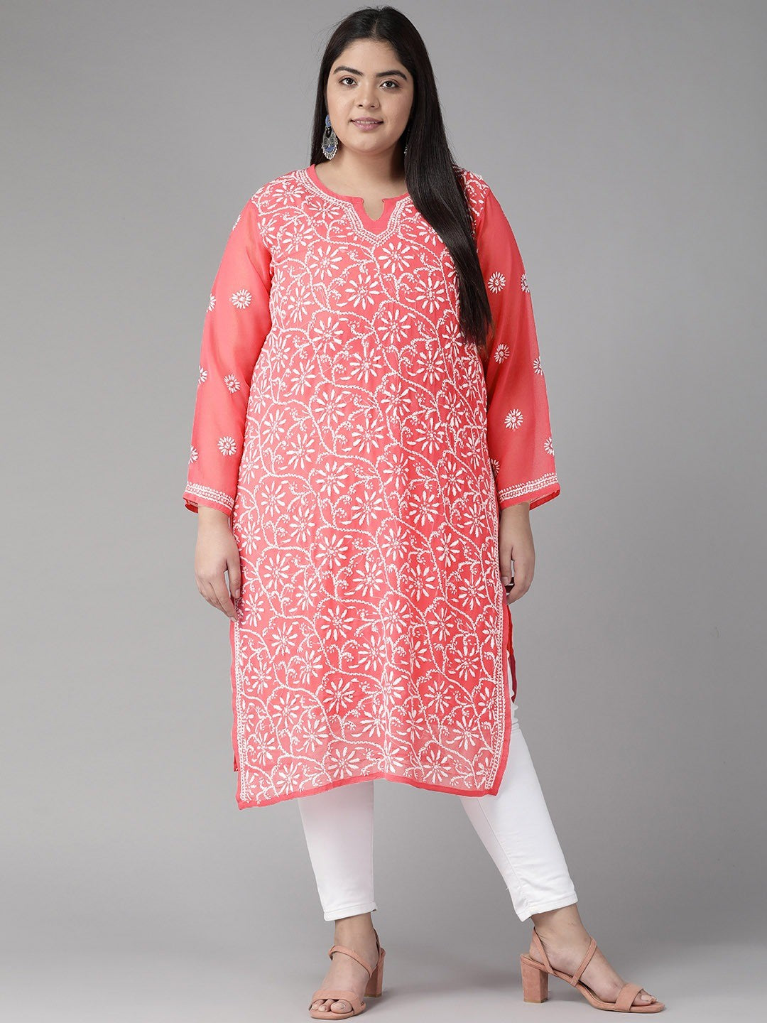 Carrot Pink Faux Georgette Chikan Straight Kurta