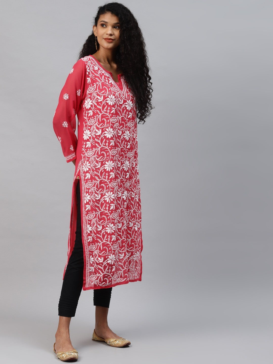 Carrot Pink Faux Georgette Chikan Straight Kurta