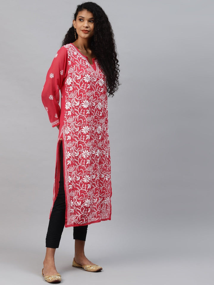 Carrot Pink Faux Georgette Chikan Straight Kurta