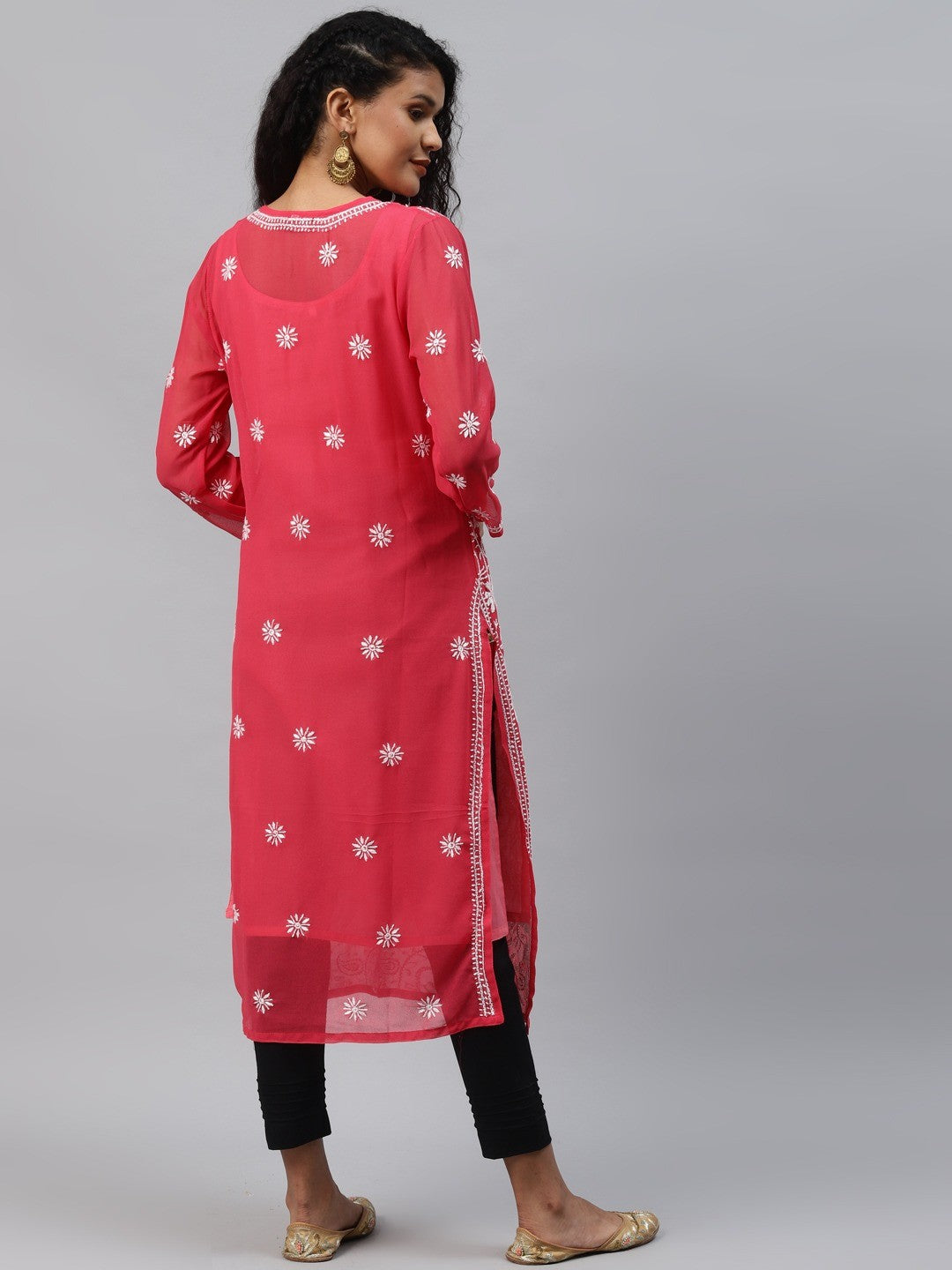 Carrot Pink Faux Georgette Chikan Straight Kurta