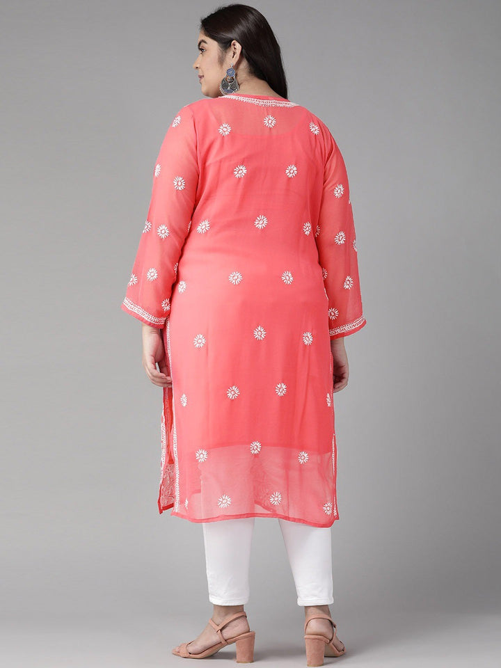 Carrot Pink Faux Georgette Chikan Straight Kurta