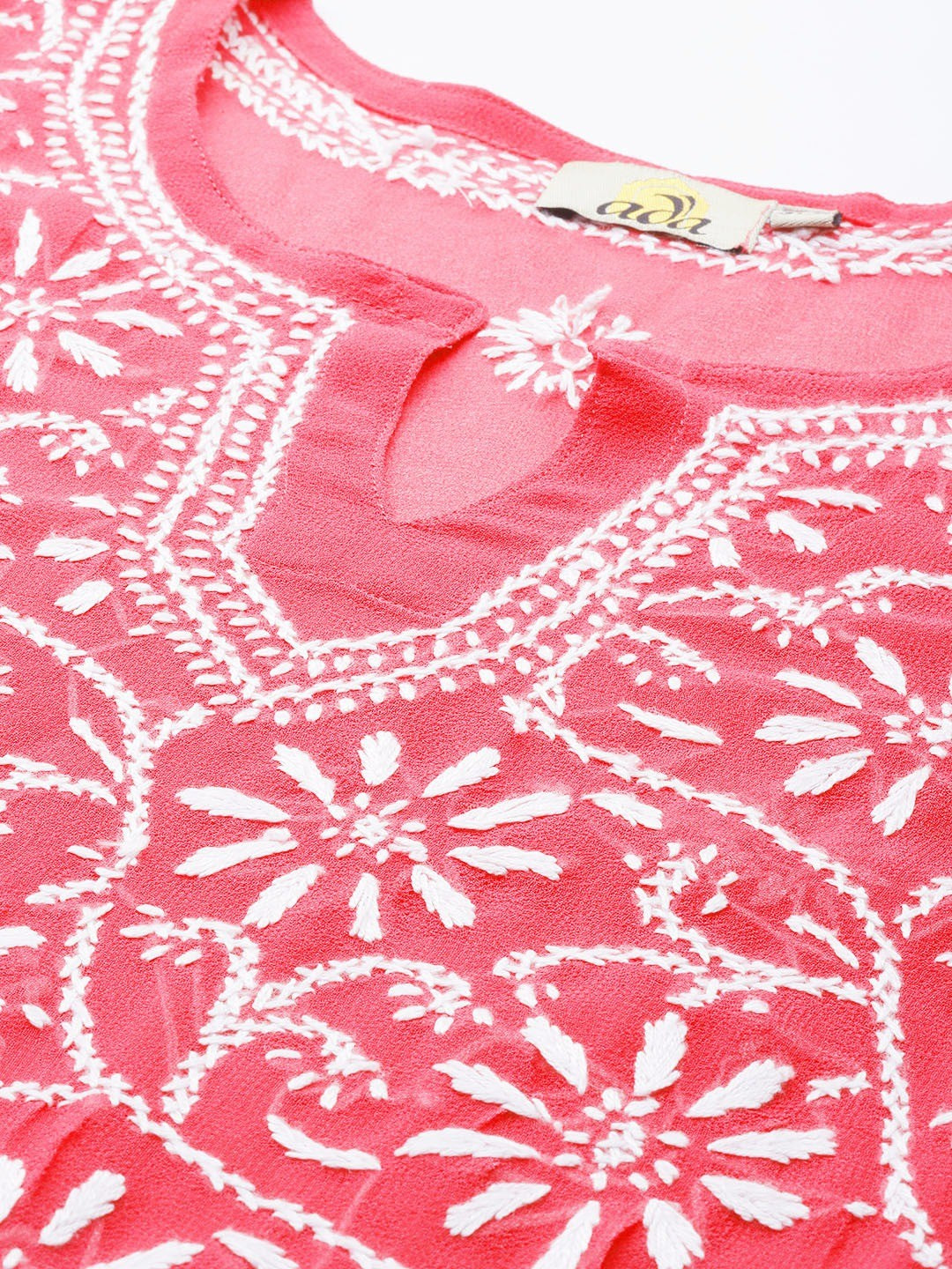 Carrot Pink Faux Georgette Chikan Straight Kurta