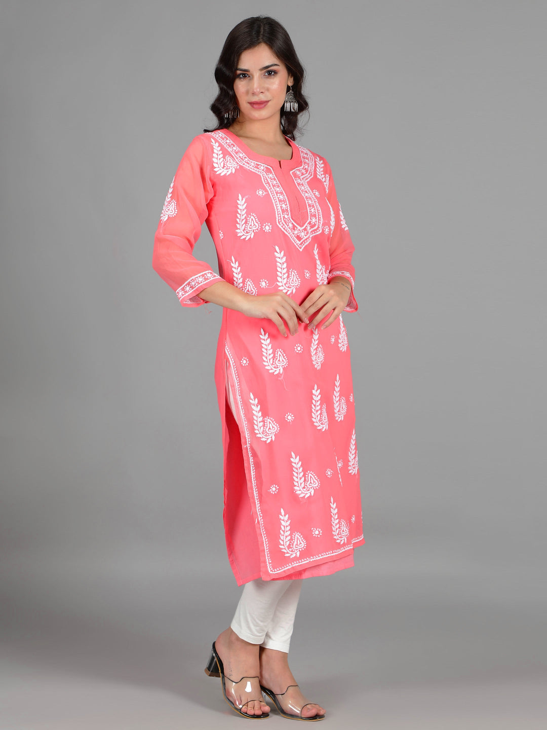 Carrot Pink Kurta in White Chikan Threadwork