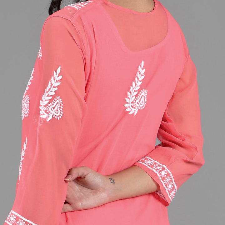 Carrot Pink Kurta in White Chikan Threadwork