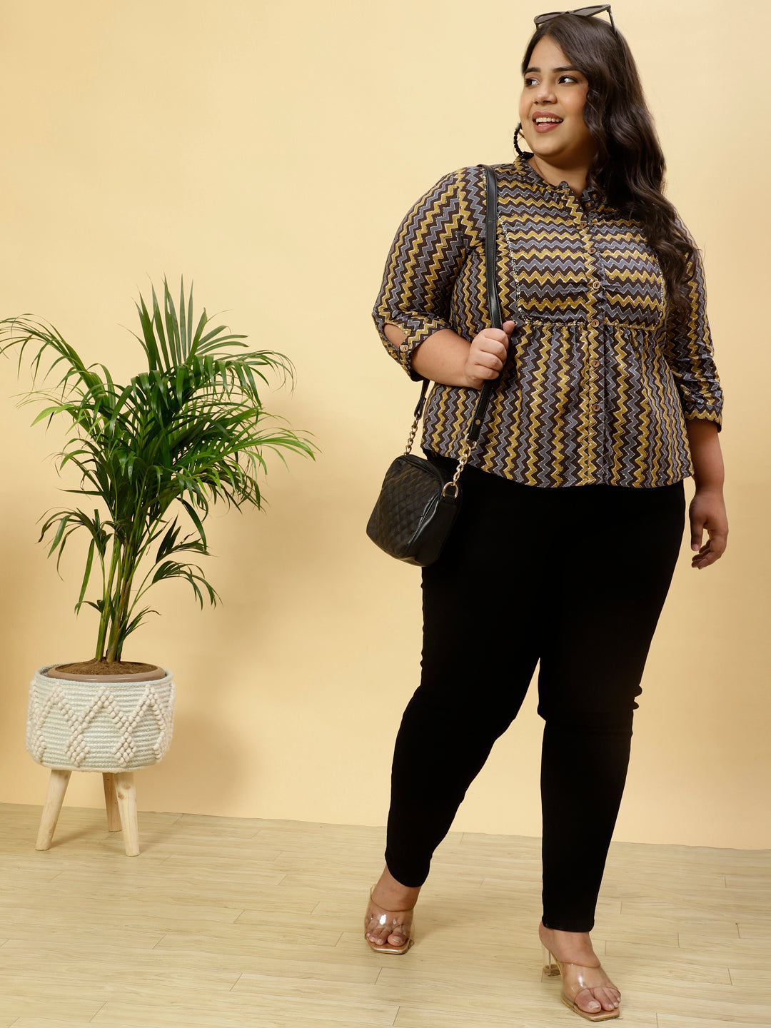 Charcoal Grey Plus Size Chevron Printed Ethnic Top ZERESOUQ.COM