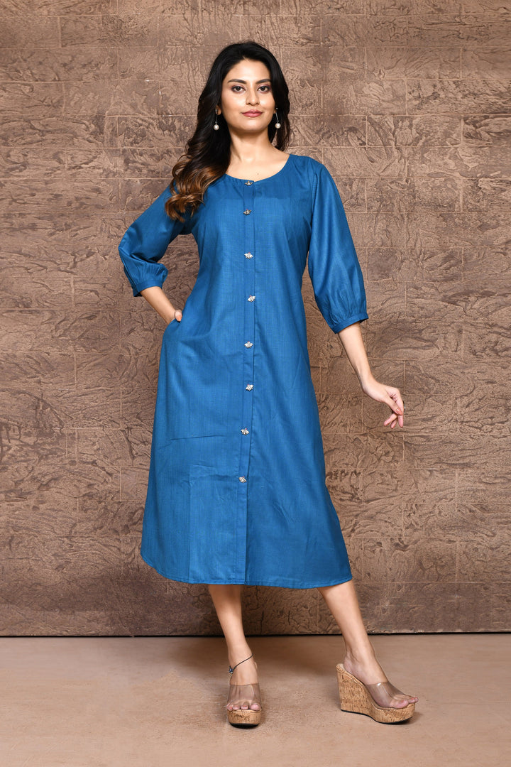 ZERESOUQ-Cobalt-Blue-Pure-Slub-Cotton-A-Line-Dress-With-Pockets