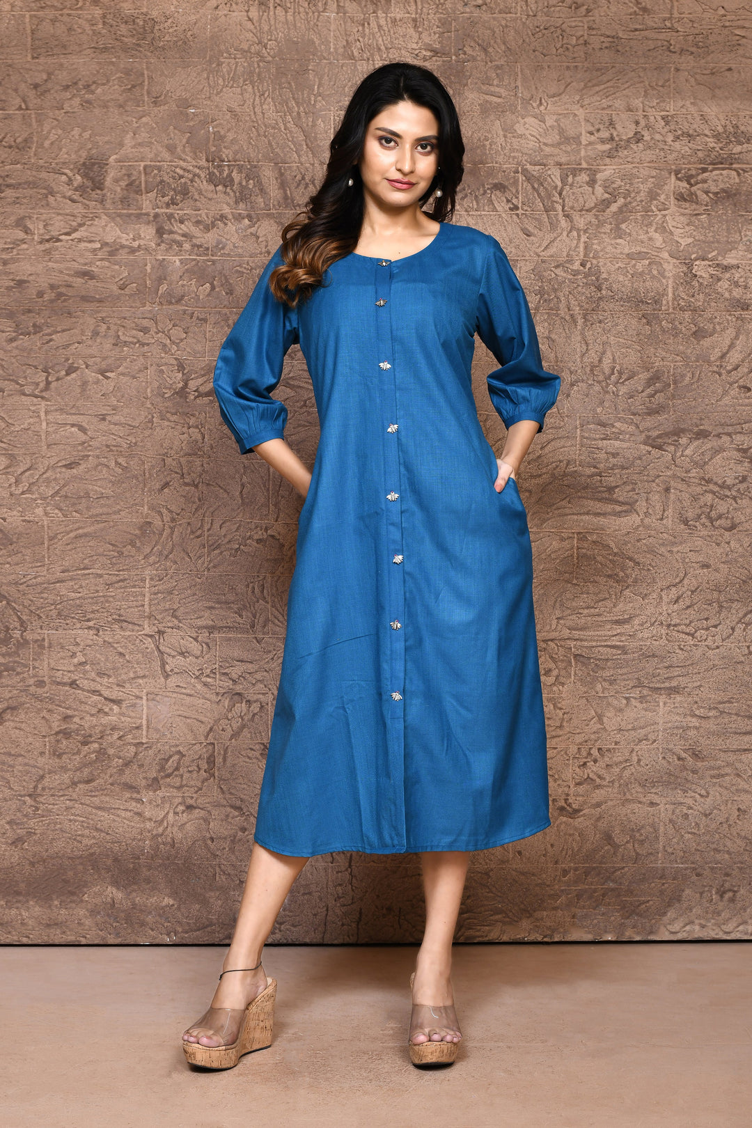 ZERESOUQ-Cobalt-Blue-Pure-Slub-Cotton-A-Line-Dress-With-Pockets