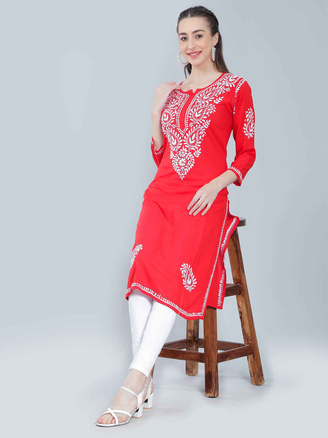 Coral-Red-Rayon-Kurta-with-White-Chikan-Work