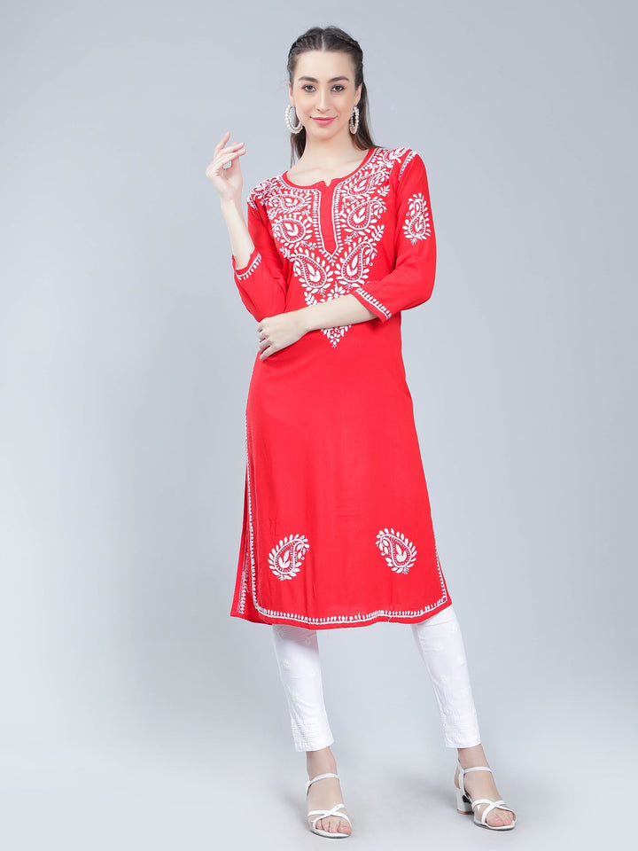 Coral-Red-Rayon-Kurta-with-White-Chikan-Work