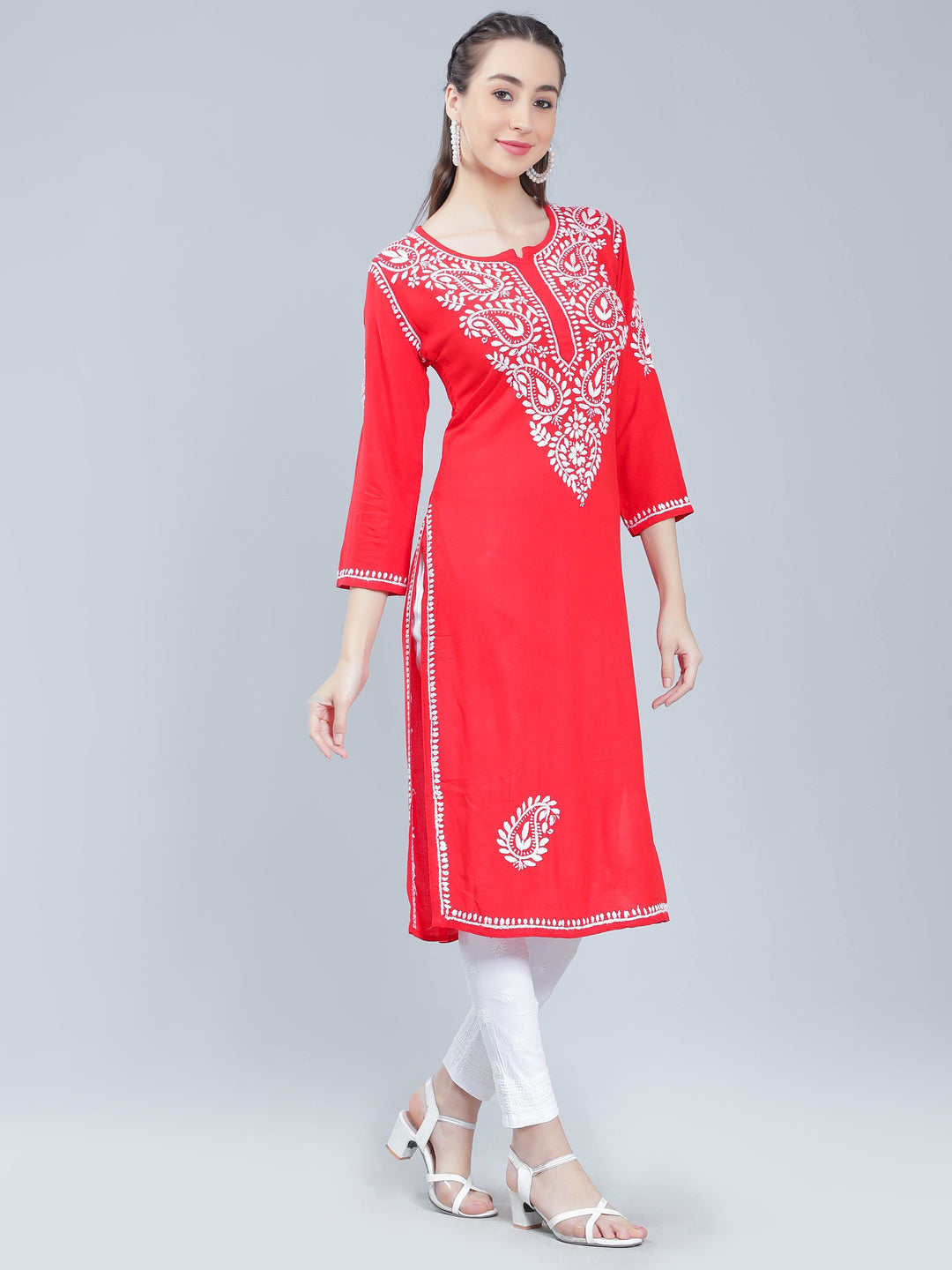 Coral-Red-Rayon-Kurta-with-White-Chikan-Work