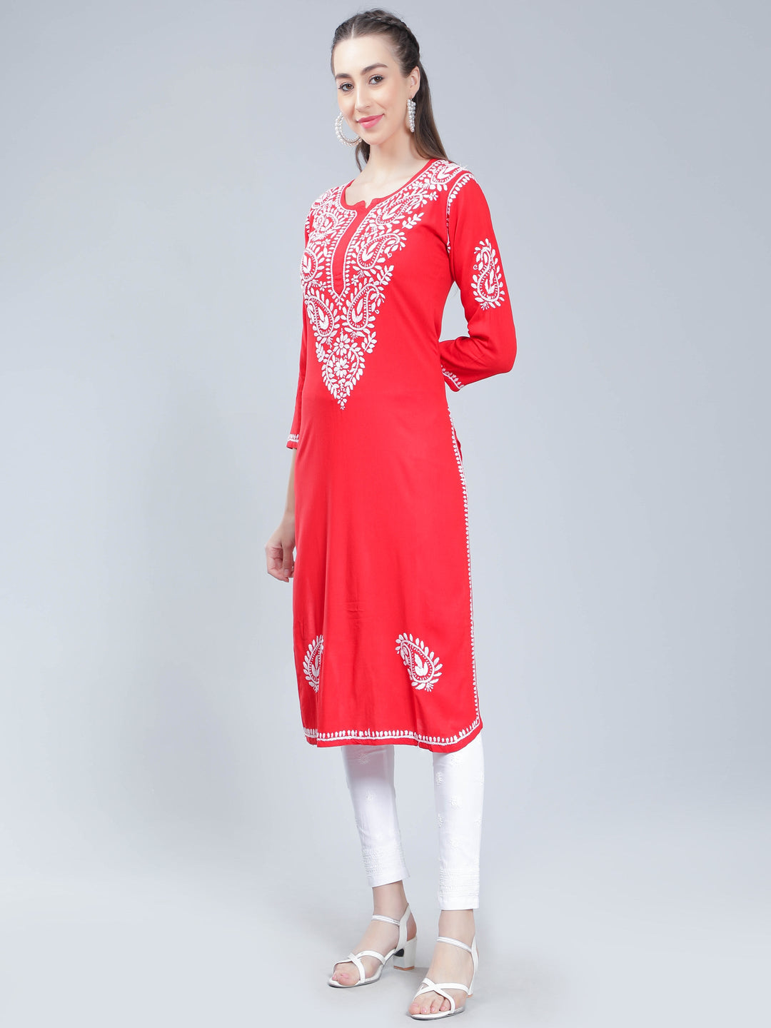Coral-Red-Rayon-Kurta-with-White-Chikan-Work