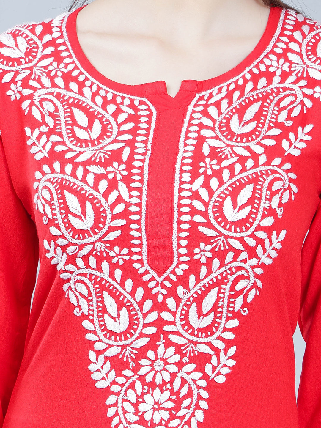 Coral-Red-Rayon-Kurta-with-White-Chikan-Work