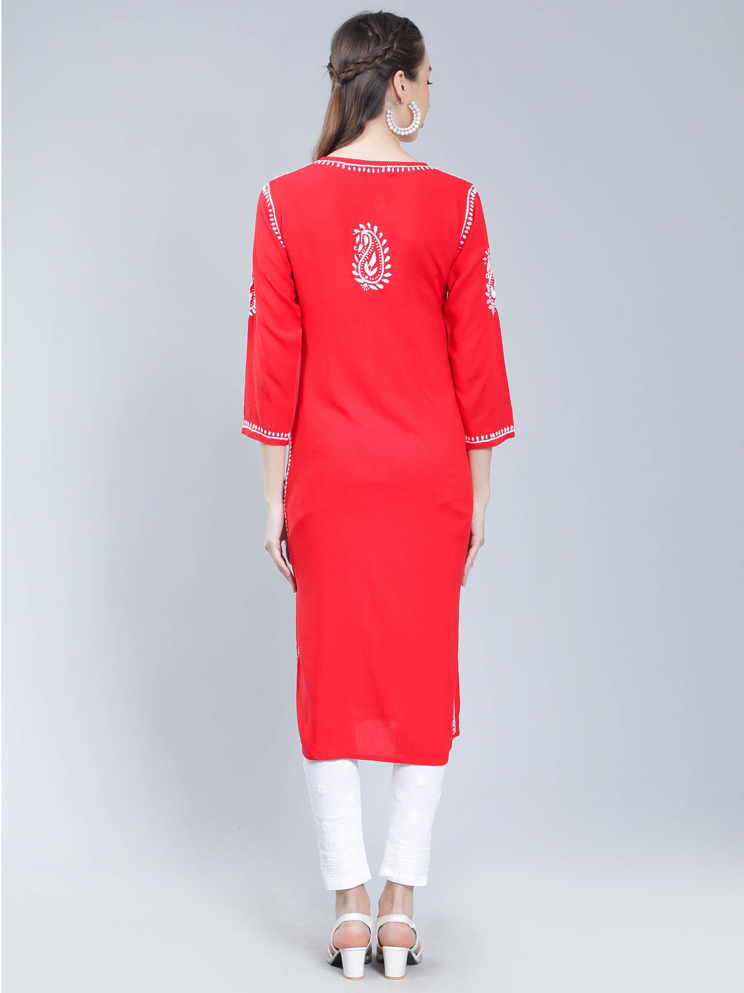 Coral-Red-Rayon-Kurta-with-White-Chikan-Work