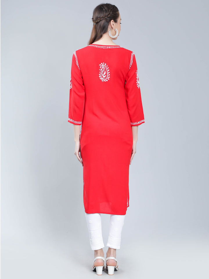 Coral-Red-Rayon-Kurta-with-White-Chikan-Work