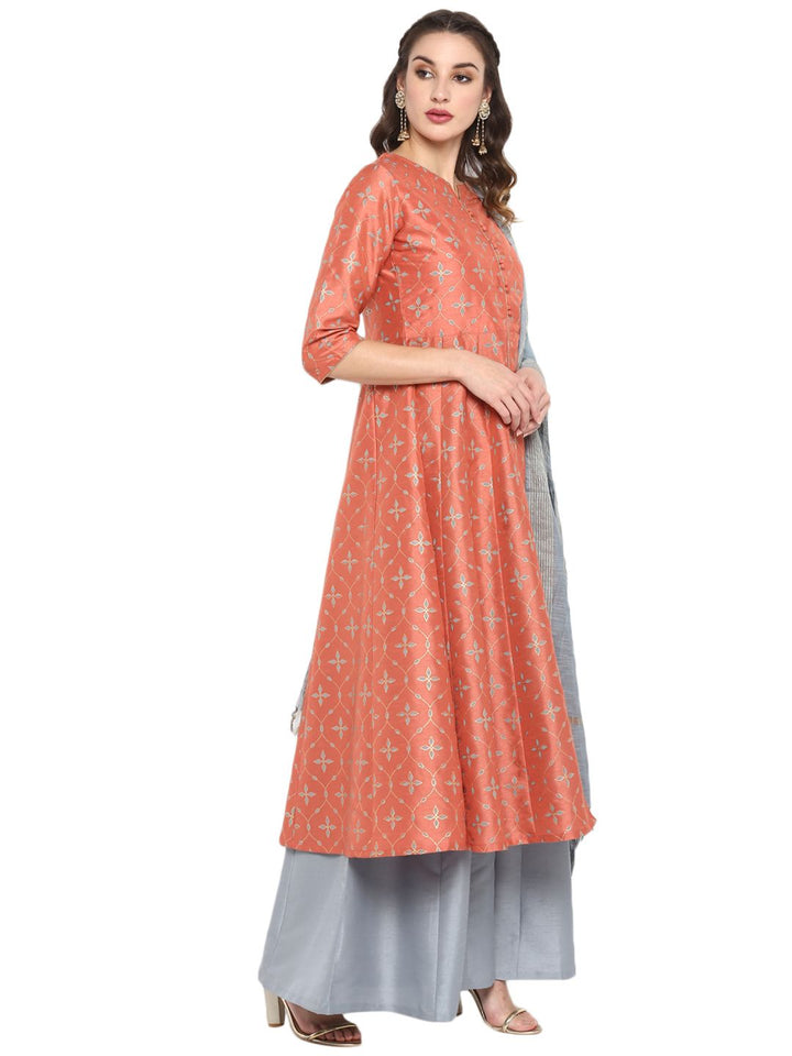 ZERESOUQ-Coral-&-Grey-Poly-Silk-Kurta-Set-with-Dupatta
