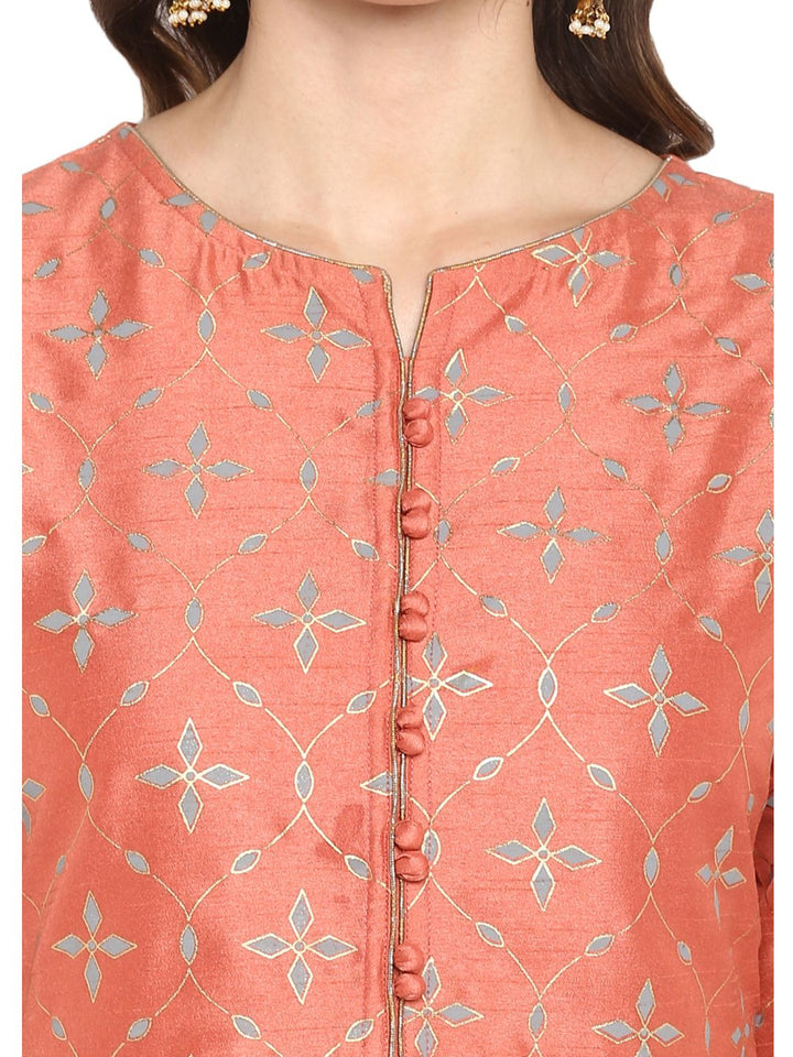 ZERESOUQ-Coral-&-Grey-Poly-Silk-Kurta-Set-with-Dupatta