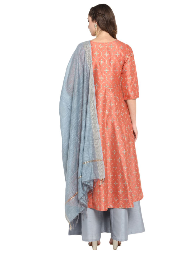 ZERESOUQ-Coral-&-Grey-Poly-Silk-Kurta-Set-with-Dupatta