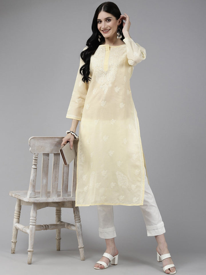 Cream Color Cotton Chikankari Straight Kurti