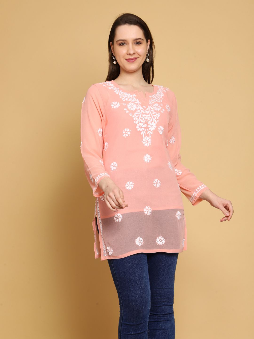 Cream-Peach-Poly-Georgette-Tunic-Kurti-&-Slip