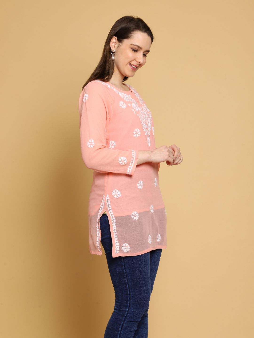 Cream-Peach-Poly-Georgette-Tunic-Kurti-&-Slip