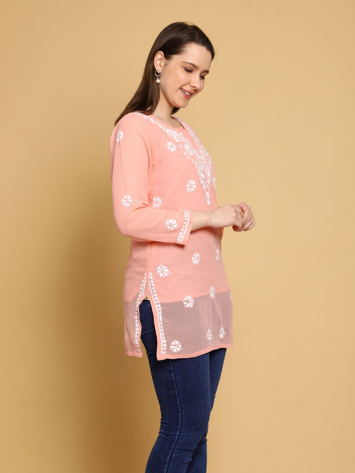 Cream-Peach-Poly-Georgette-Tunic-Kurti-&-Slip
