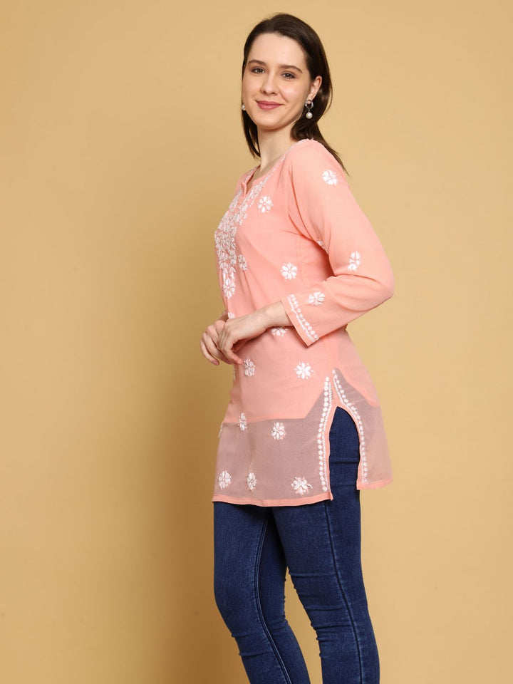 Cream-Peach-Poly-Georgette-Tunic-Kurti-&-Slip