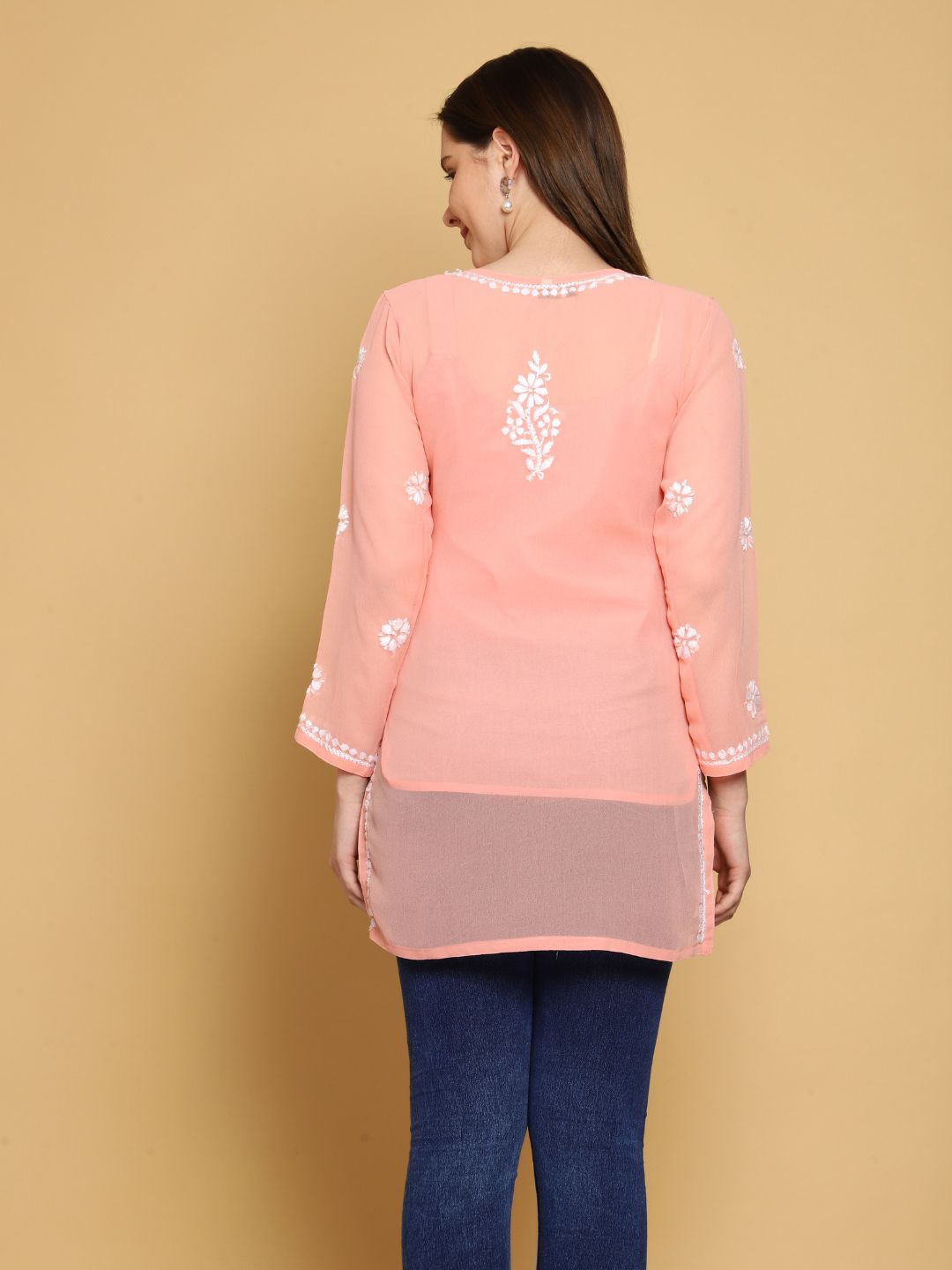 Cream-Peach-Poly-Georgette-Tunic-Kurti-&-Slip
