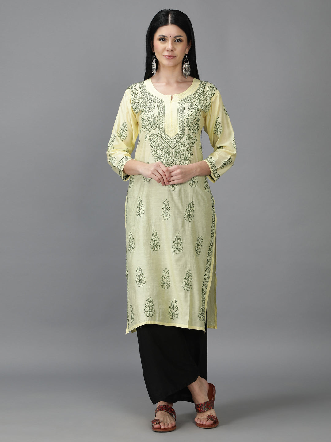 Cream-&-Green-Chanderi-Chikan-Straight-Kurta