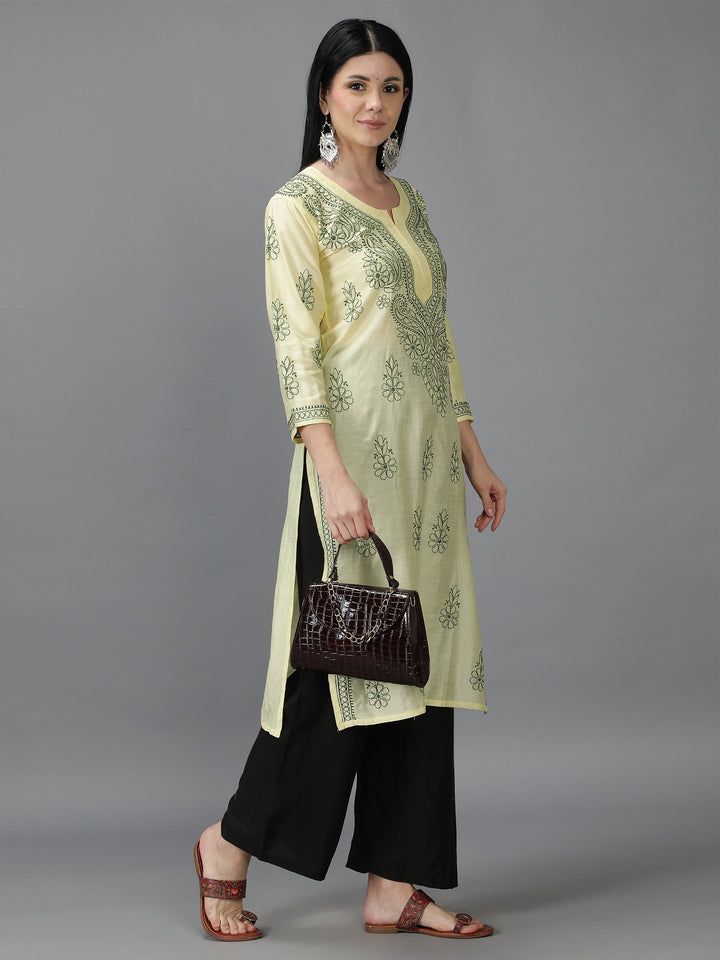 Cream-&-Green-Chanderi-Chikan-Straight-Kurta