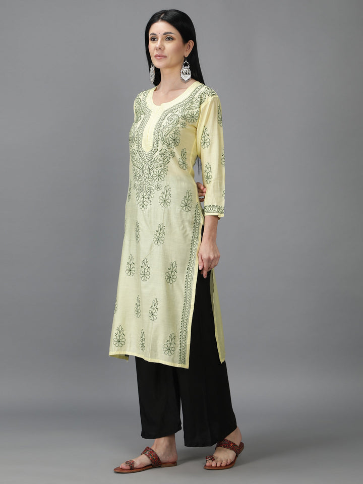 Cream-&-Green-Chanderi-Chikan-Straight-Kurta