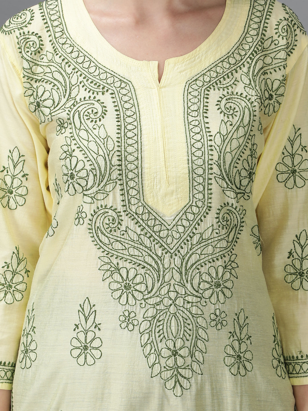 Cream-&-Green-Chanderi-Chikan-Straight-Kurta
