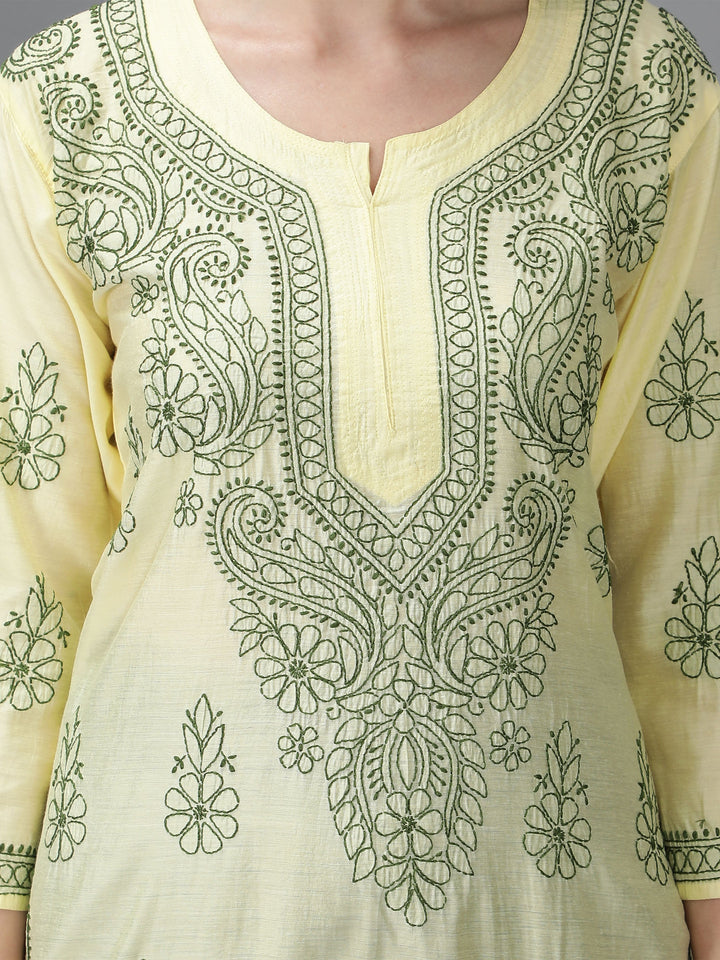 Cream-&-Green-Chanderi-Chikan-Straight-Kurta